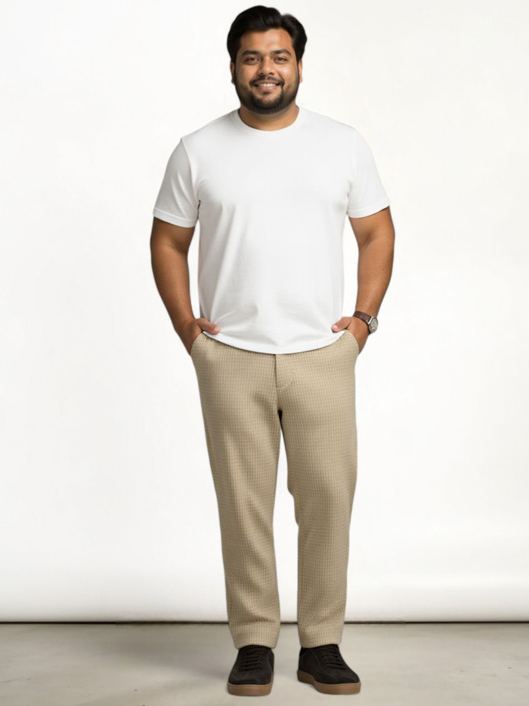 

The Pant Project Men Plus Size Checked Comfort Slim Fit Wrinkle Free Trousers, Khaki