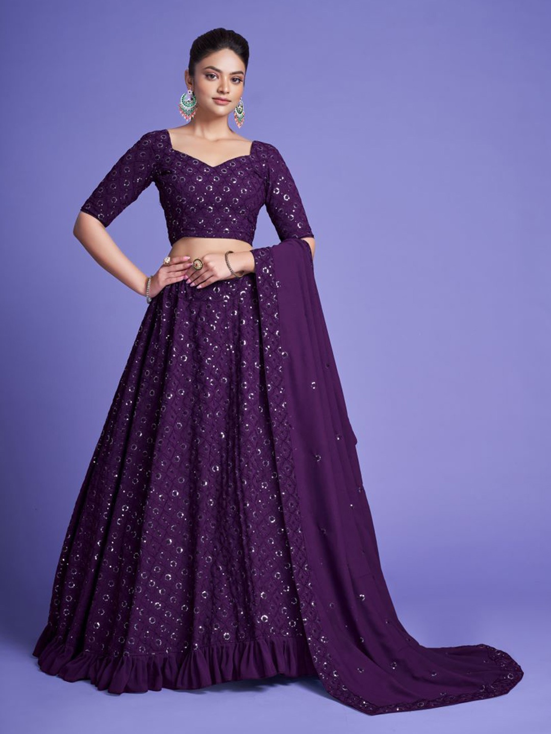 

YOYO Fashion Embroidered Sequinned Semi-Stitched Lehenga & Unstitched Blouse With Dupatta, Purple