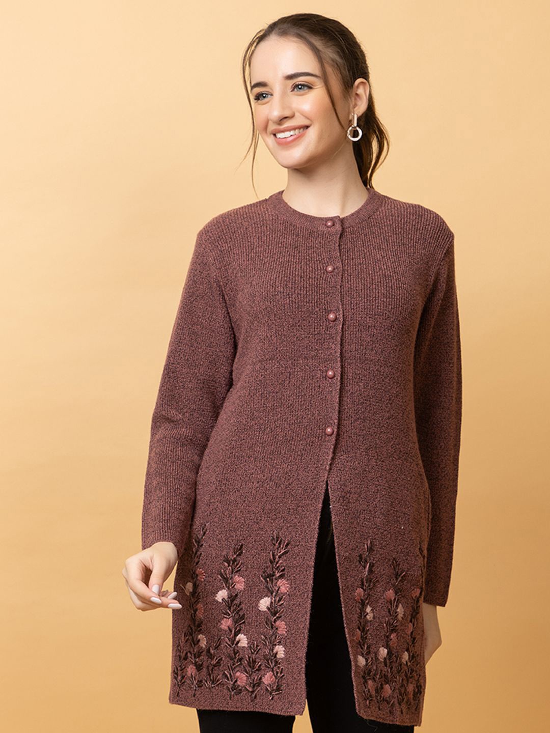 

CLAPTON Women Floral Woollen Longline Cardigan, Peach