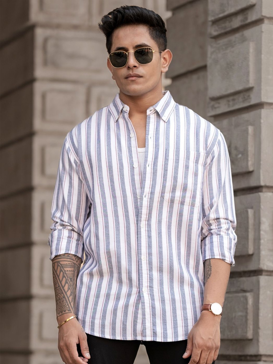 

Powerlook Men Opaque Striped Casual Shirt, White