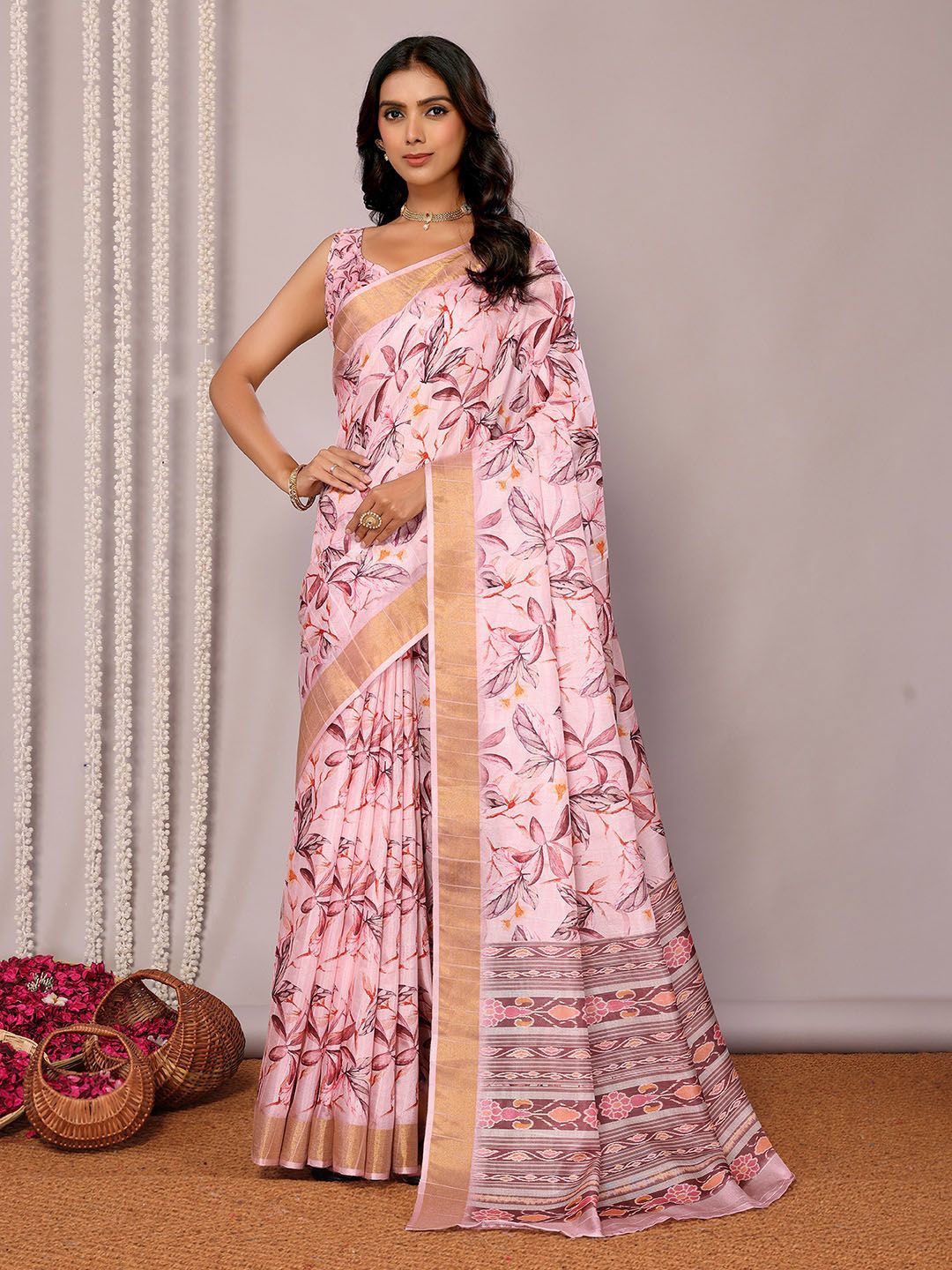 

KALINI Floral Zari Silk Blend Chanderi Saree, Pink