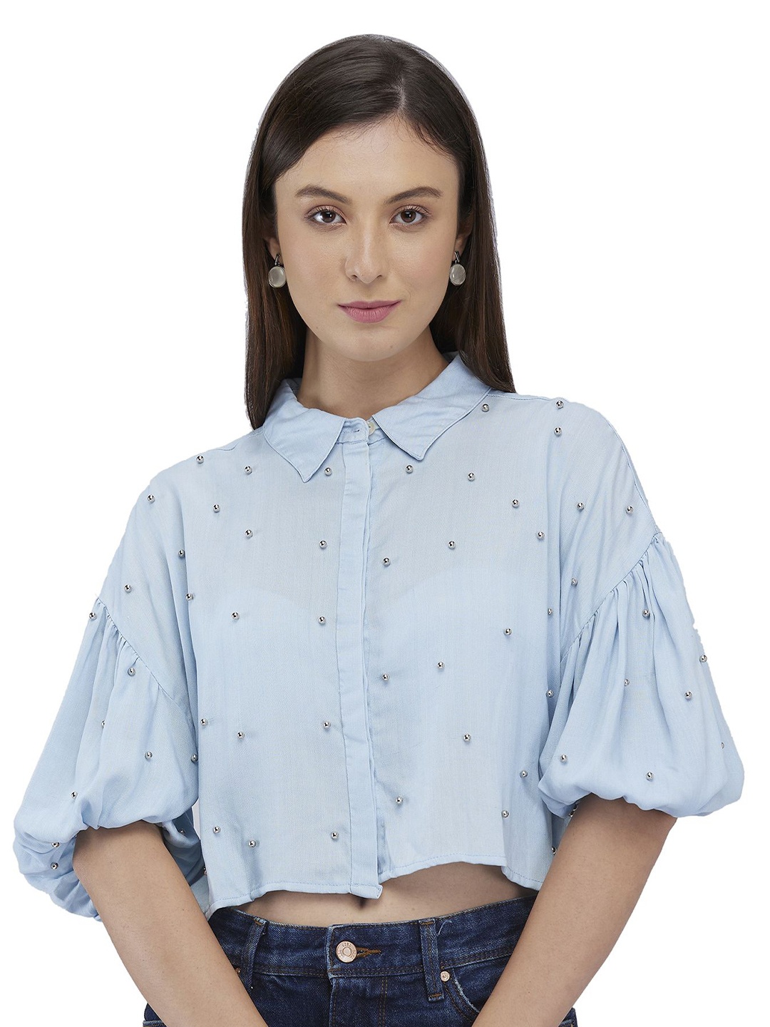 

IZEL Women Solid Embellished Cotton Casual Shirt, Blue