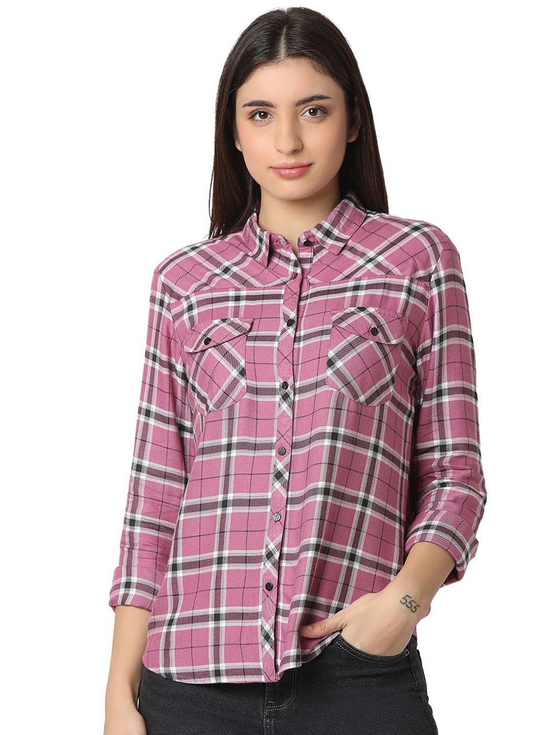 

SPYKAR Women Opaque Checked Casual Shirt, Pink