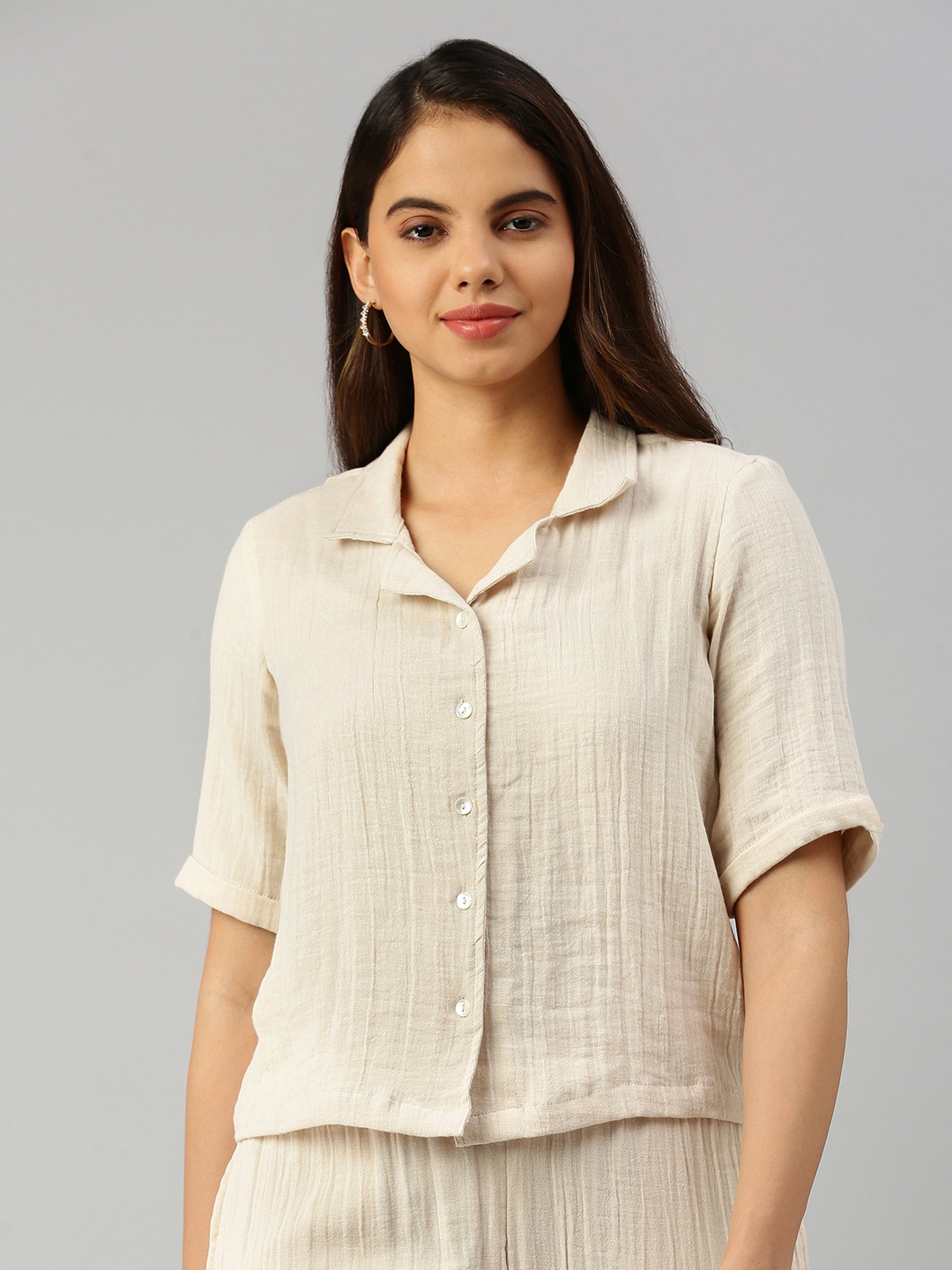 

De Moza Women Opaque Casual Shirt, Beige