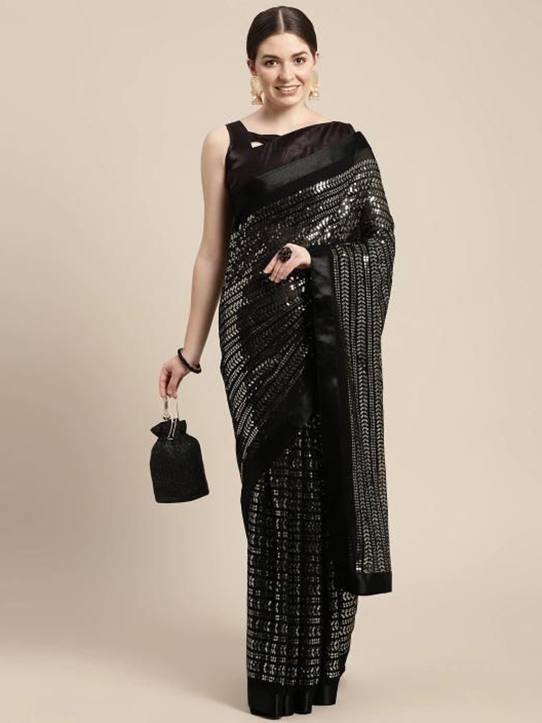 

HERE&NOW Embellished Sequinned Poly Georgette Ready to Wear Saree, Black