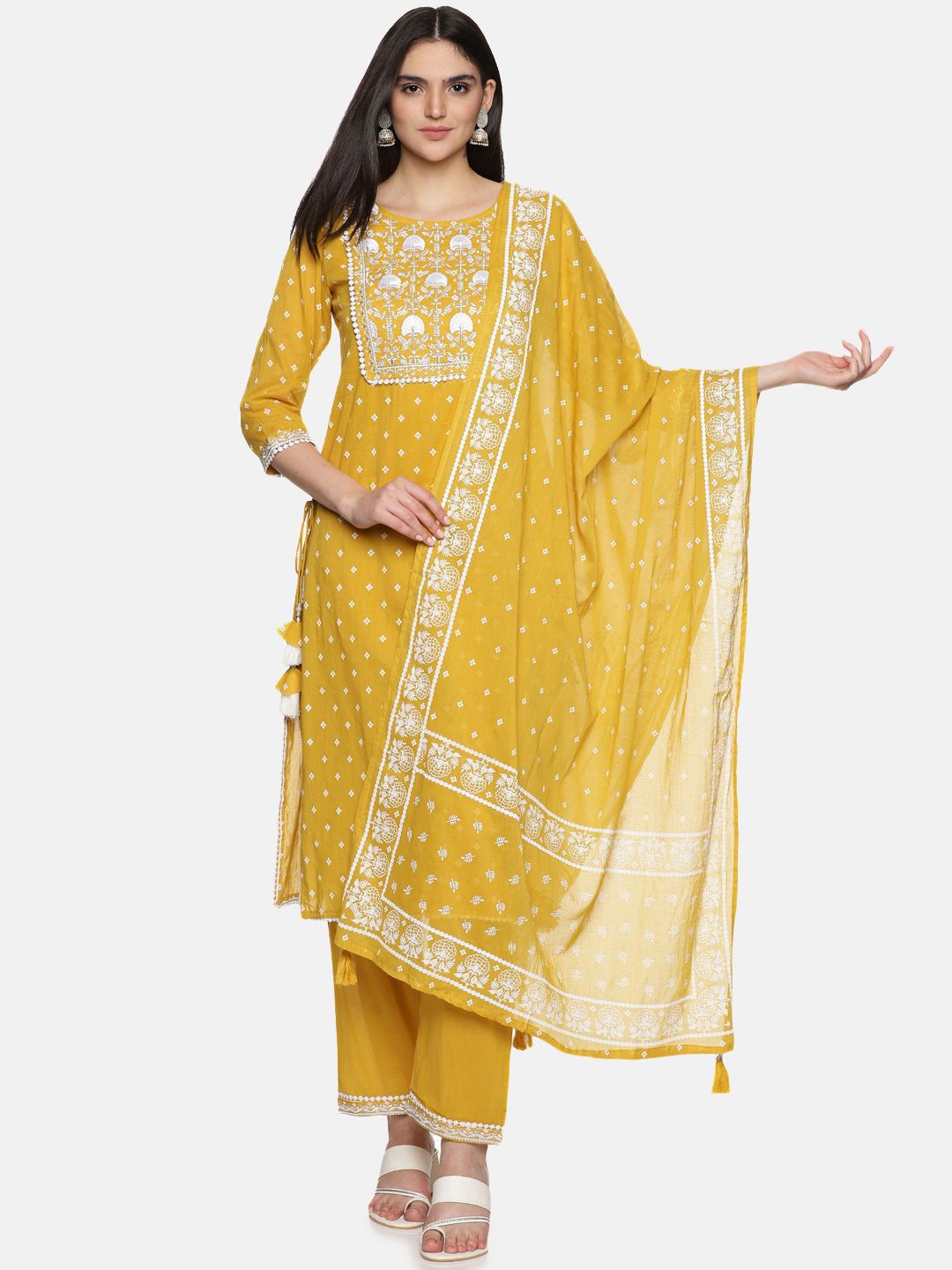 

RAJMANDIRFABRICS Women Floral Embroidered Regular Gotta Patti Pure Cotton Kurta with Trousers & With Dupatta, Yellow