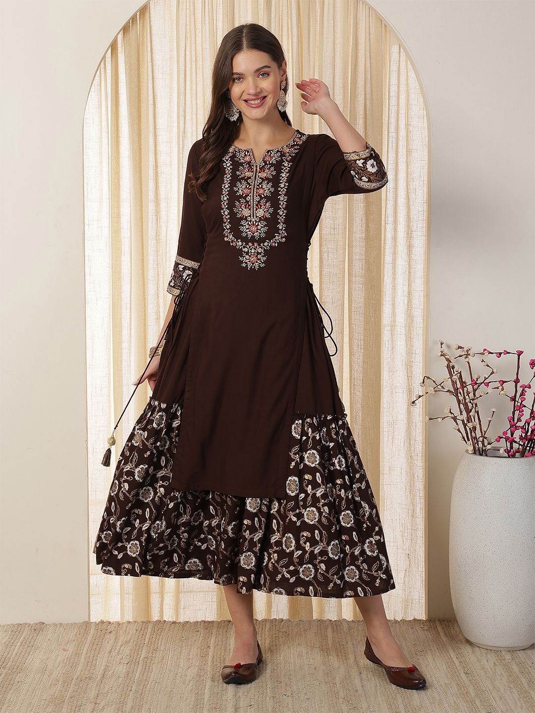 

Anouk Floral Print Maxi Midi Dress, Brown