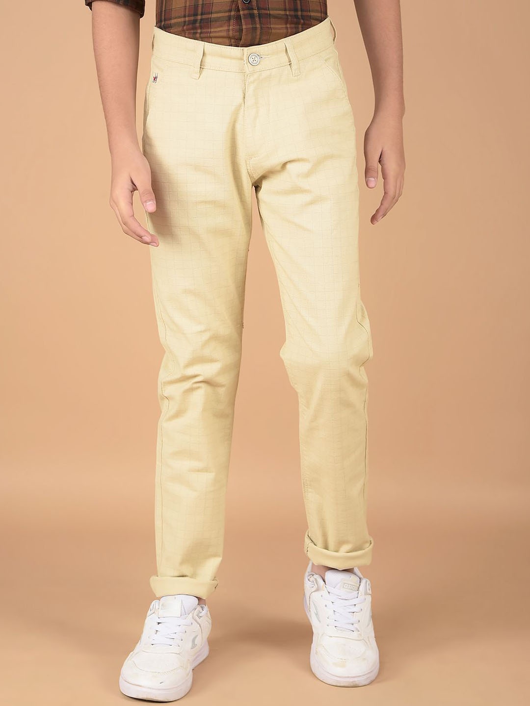 

Crimsoune Club Boys Checked Slim Fit Chinos Trousers, Beige