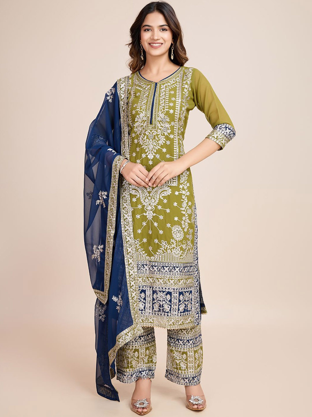 

AKSHARAM Women Floral Embroidered Regular Sequinned Kurta with Palazzos & With Dupatta, Green