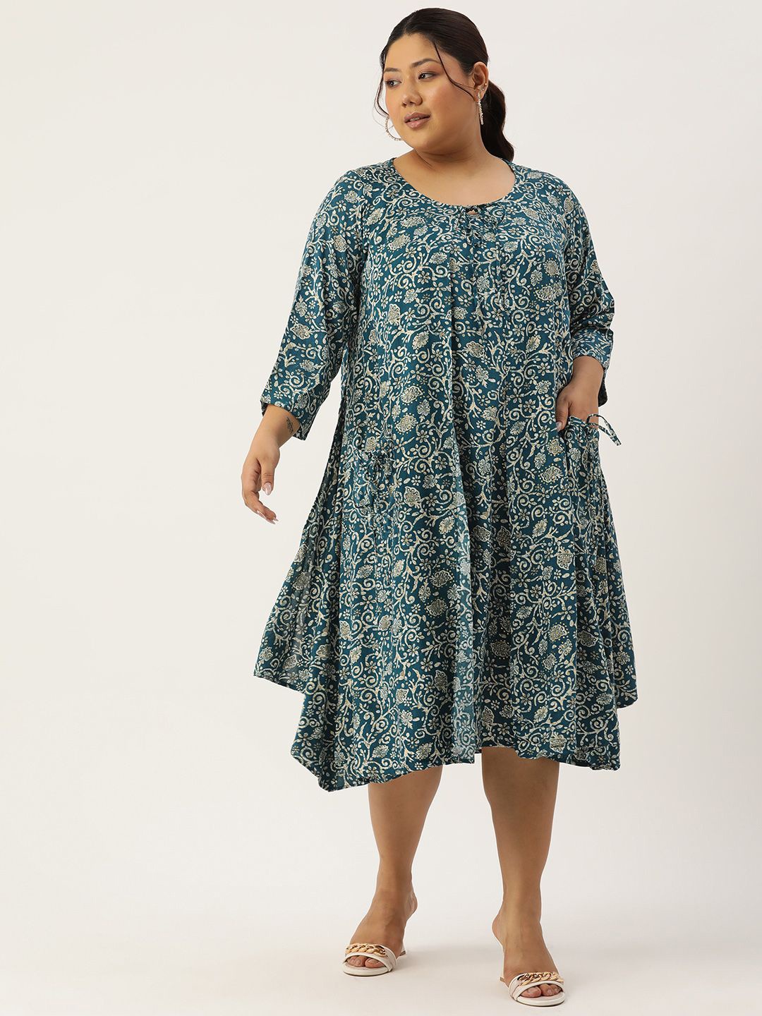 

theRebelinme Floral Print Layered A-Line Midi Dress, Teal