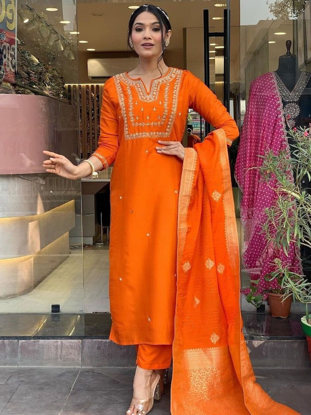 

HERE&NOW Women Embroidered Regular Beads and Stones Chanderi Silk Kurta with Pyjamas & With Dupatta, Orange