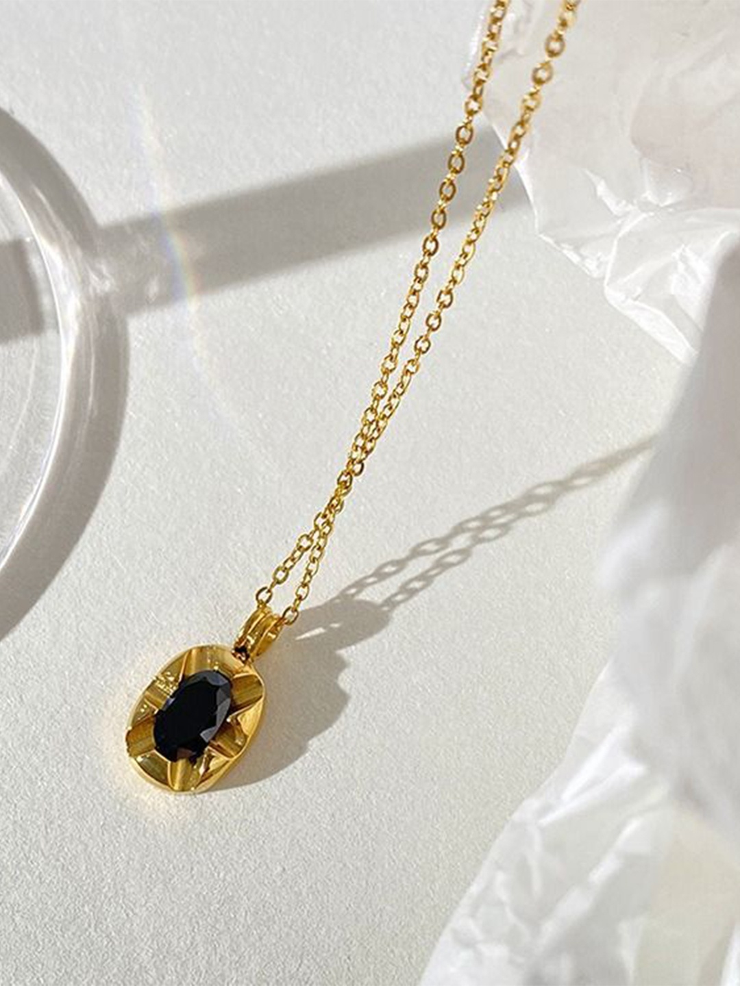 

Just Lil Things Stone Studded Oval Shaped Pendant With Chain, Gold