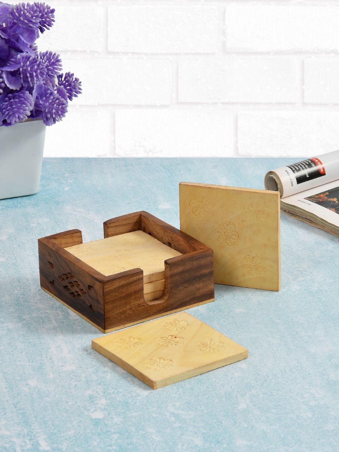 

CLIO'S HERITAGE STORE 6-Pcs Beige Wooden Coaster, Brown