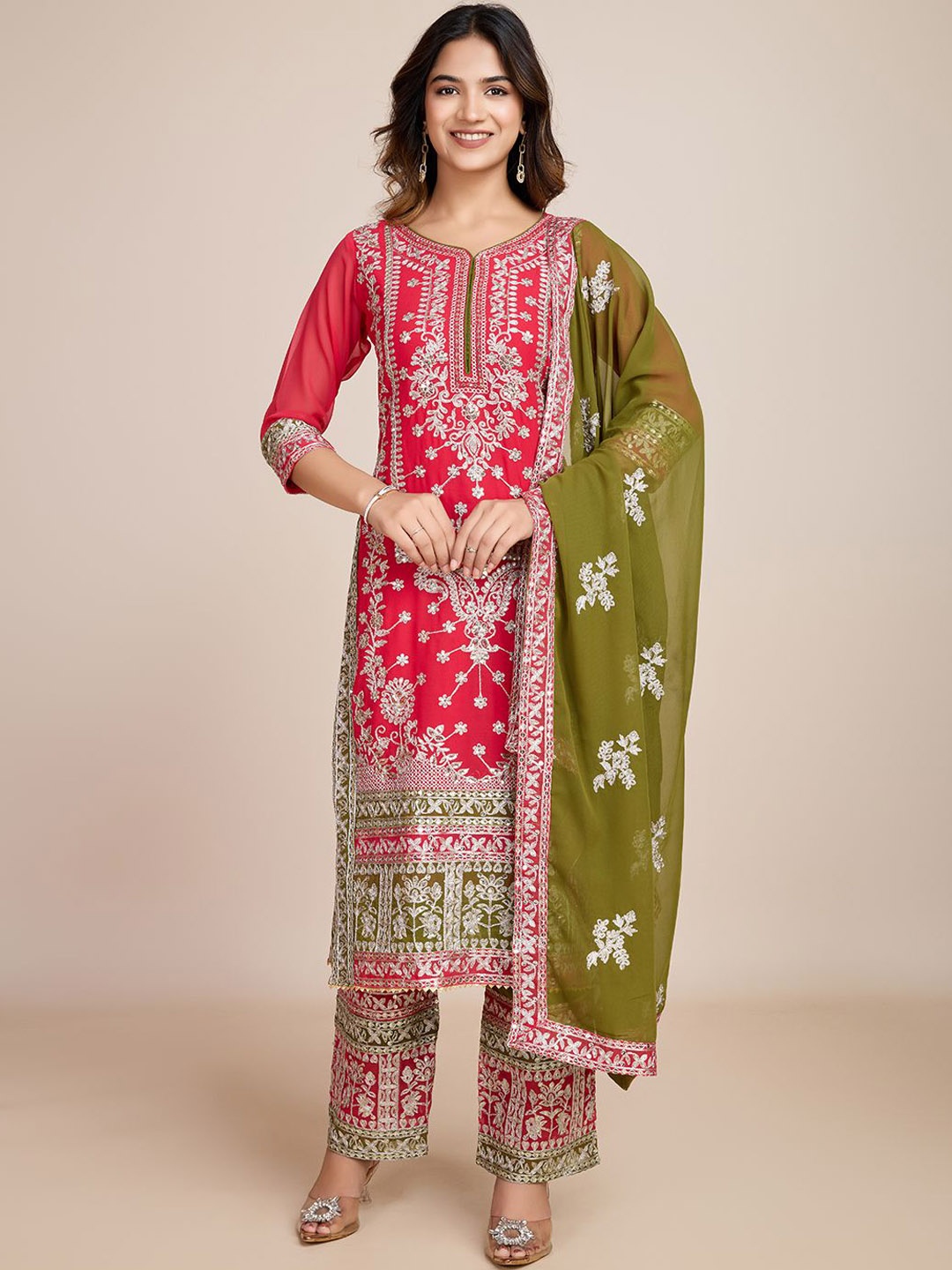 

AKSHARAM Women Floral Embroidered Regular Sequinned Kurta with Palazzos & With Dupatta, Pink