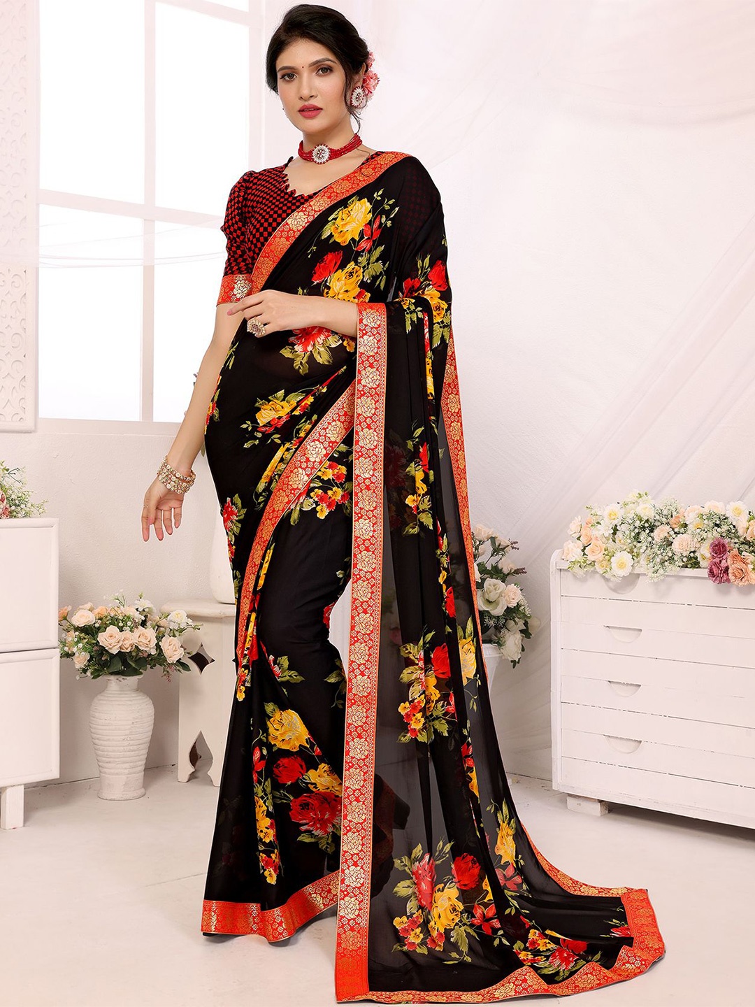 

KALINI Floral Poly Georgette Saree, Black