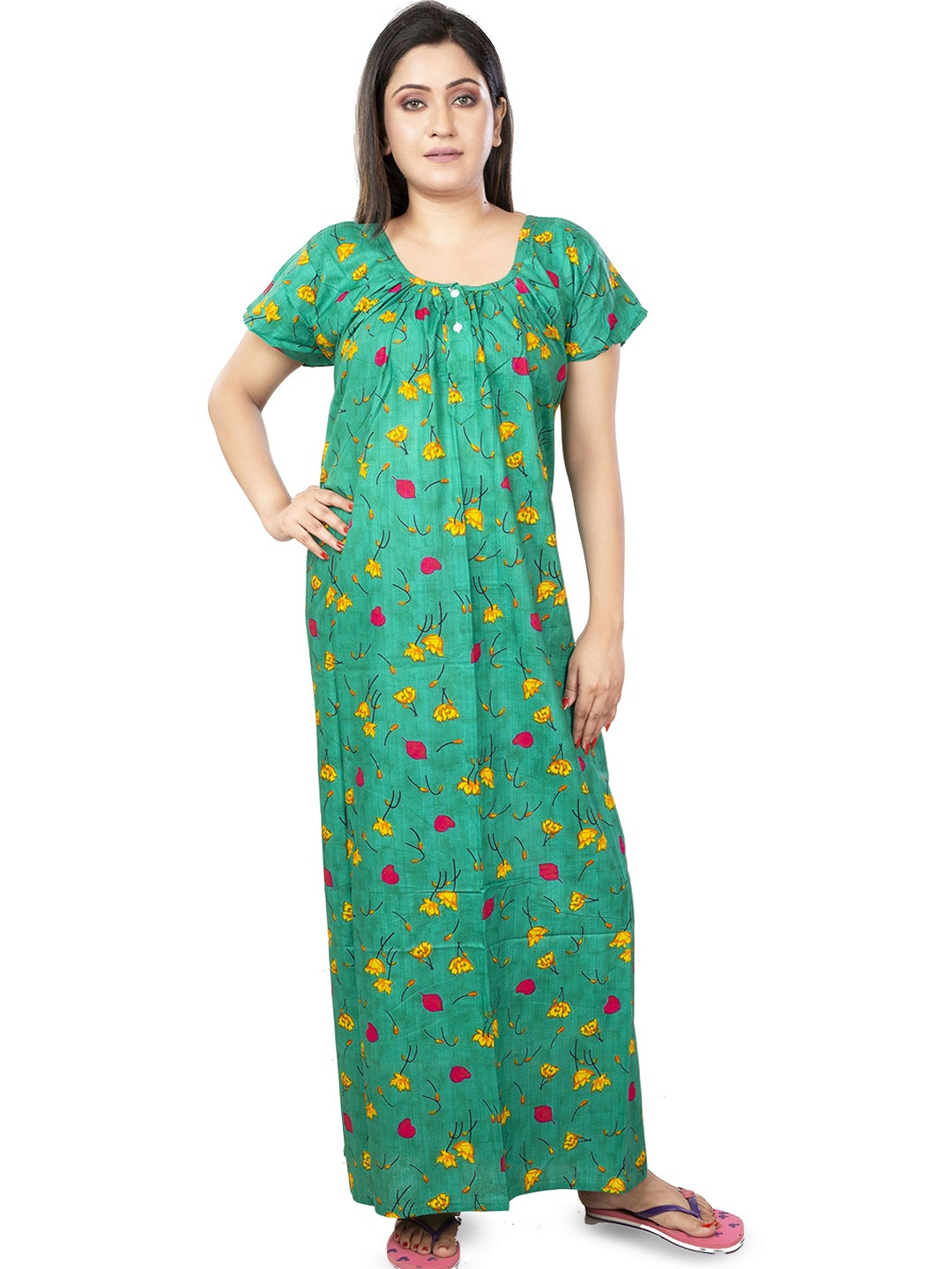 

Laa Calcutta Women Printed Pure Cotton Maxi Nightdress, Green