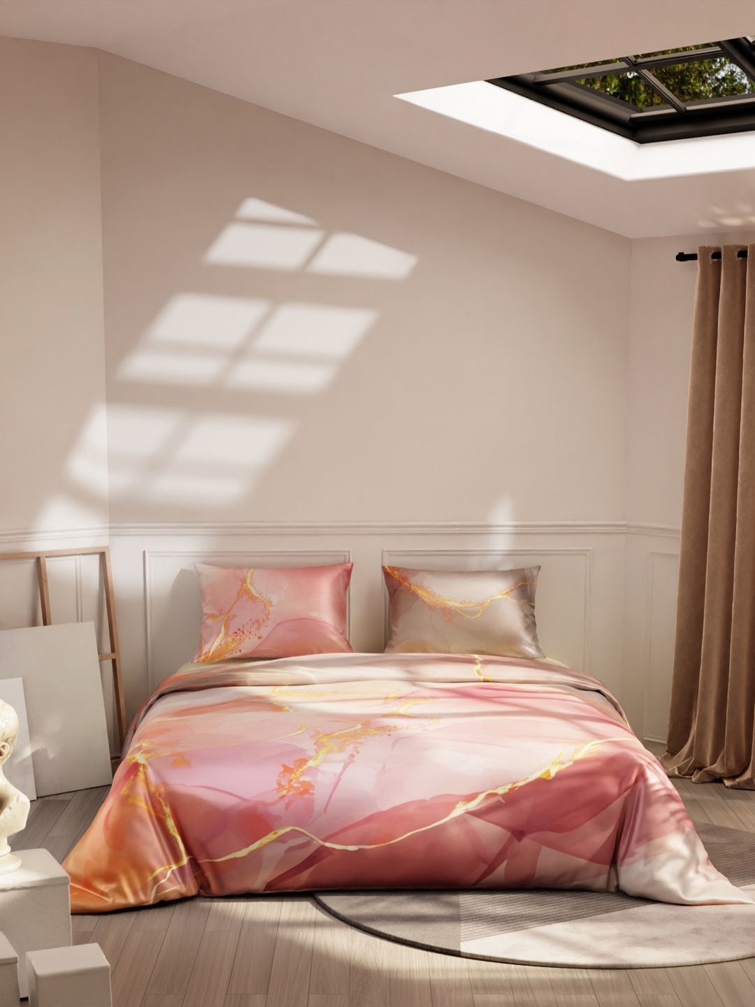 

Stoa Paris Louvre Peach-Coloured & Gold-Toned Satin King Regular Bedding Set