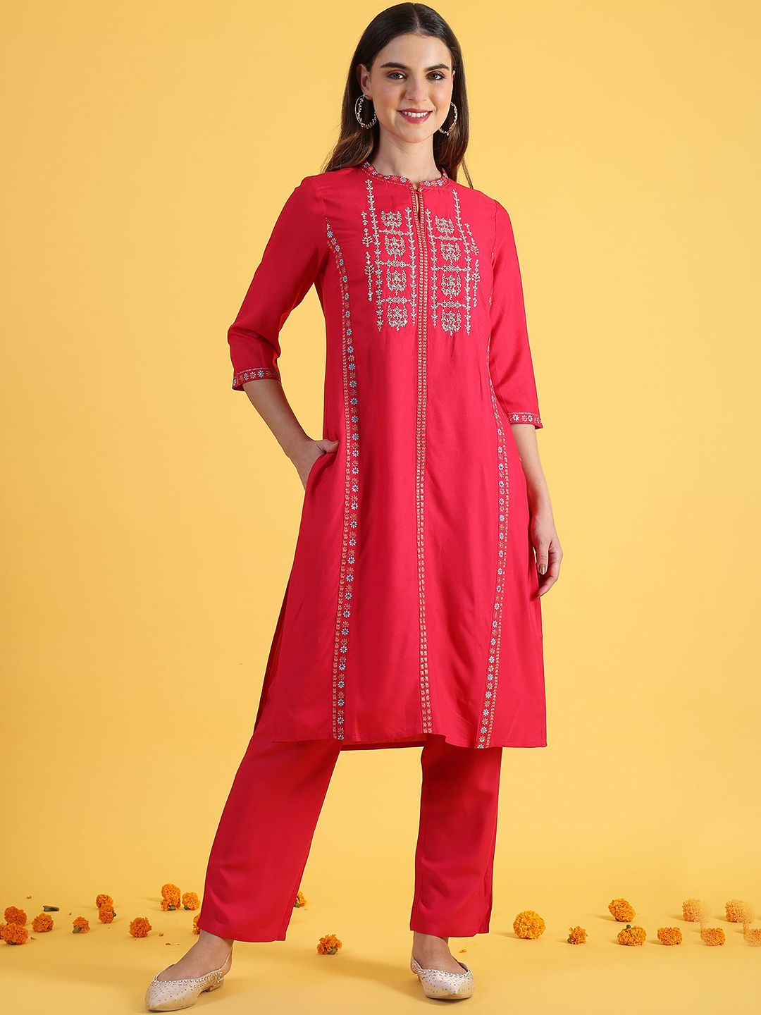 

W Women Embroidered Straight Kurta and Pant Set, Pink