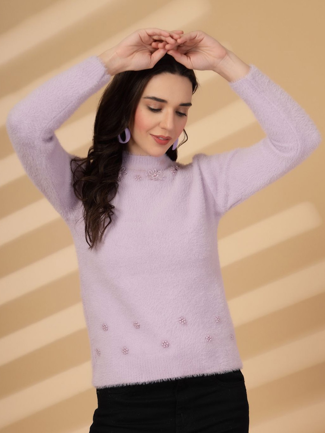 

Clora Creation Women Embroidered Ribbed Woollen Pullover with Embellished Detail, Mauve