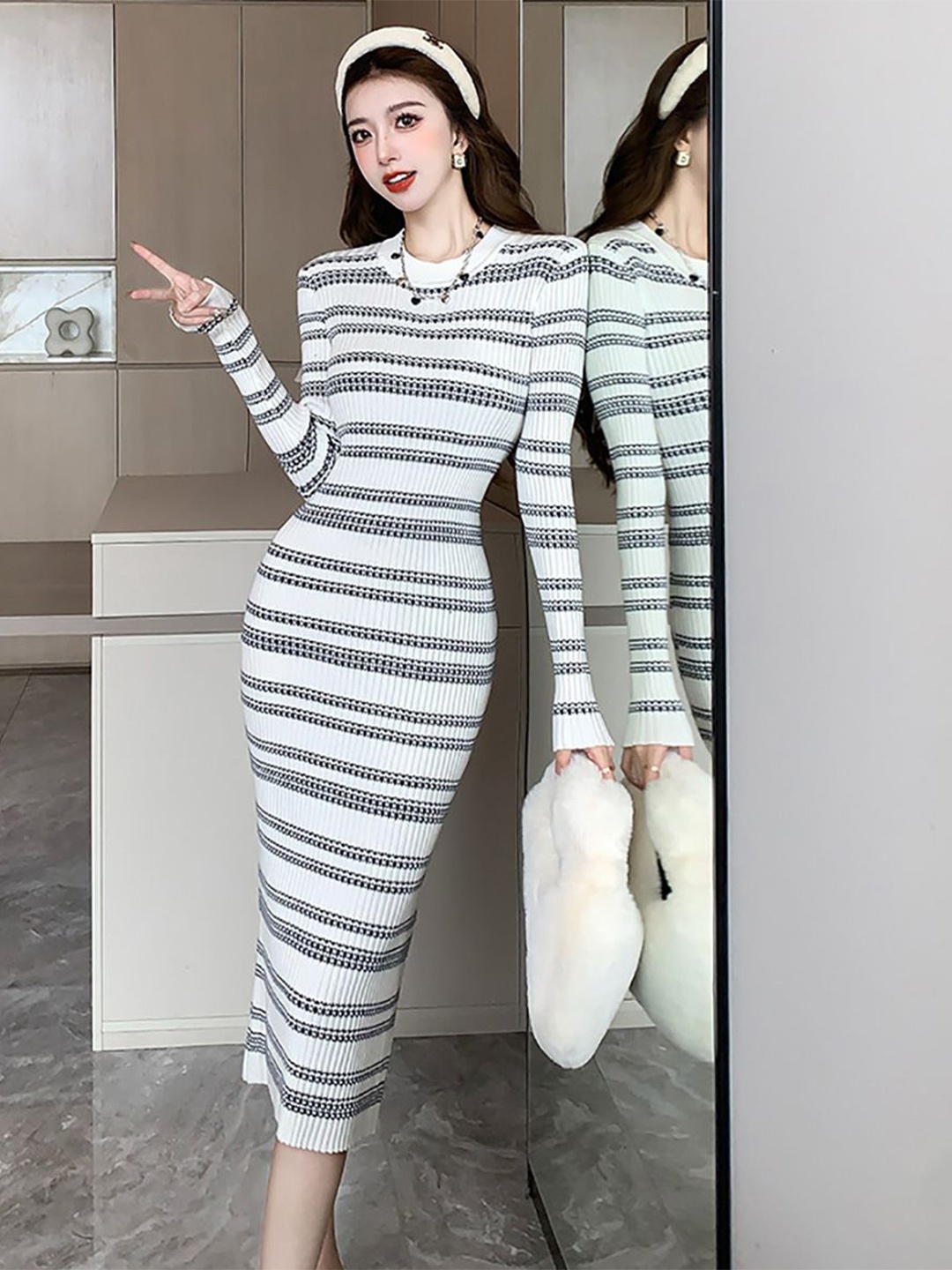 

StyleCast x Revolte Striped Bodycon Midi Dress, White