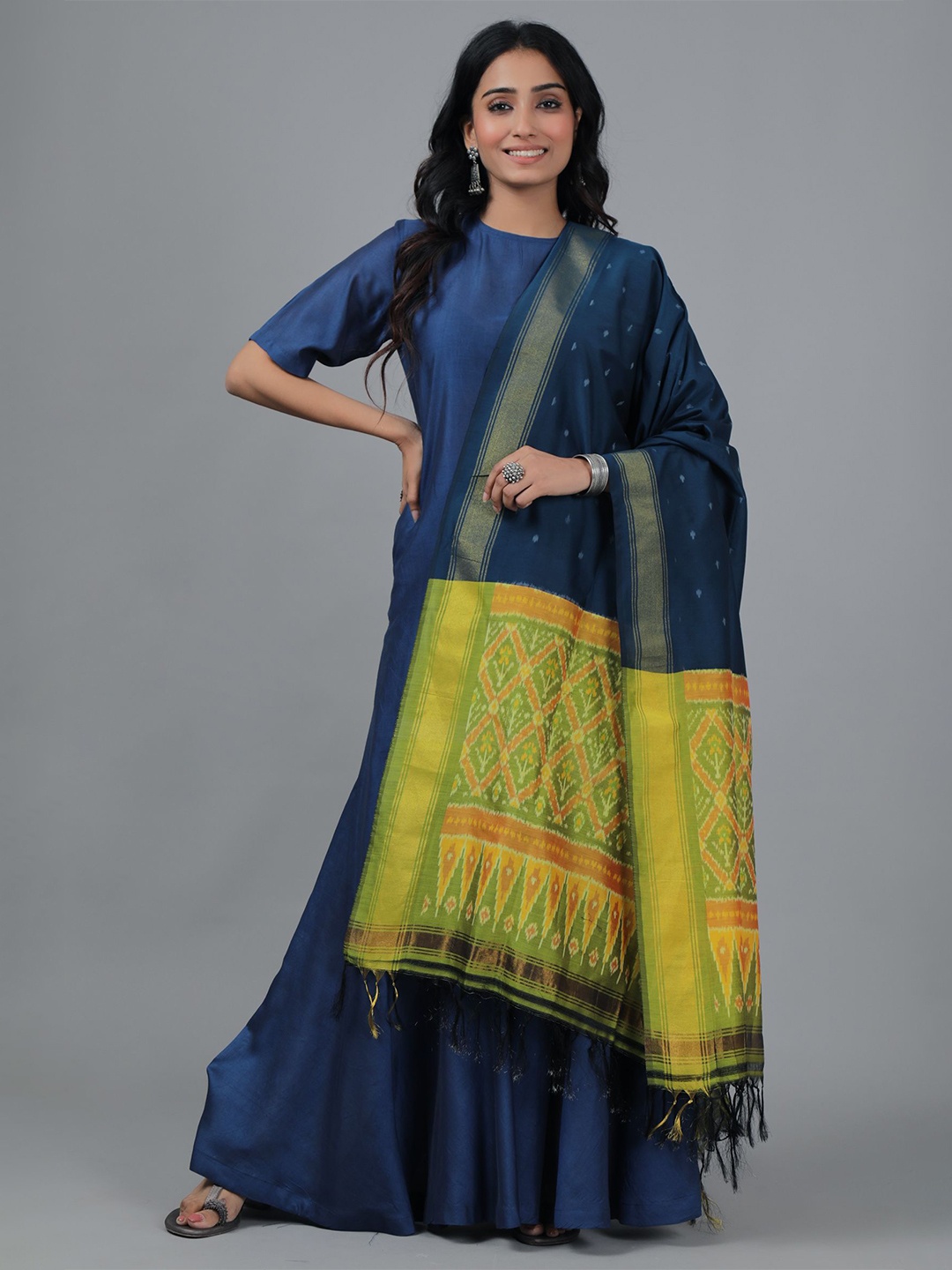 

TJORI Ethnic Motifs Printed Ikat Cotton Dupatta With Zari, Blue