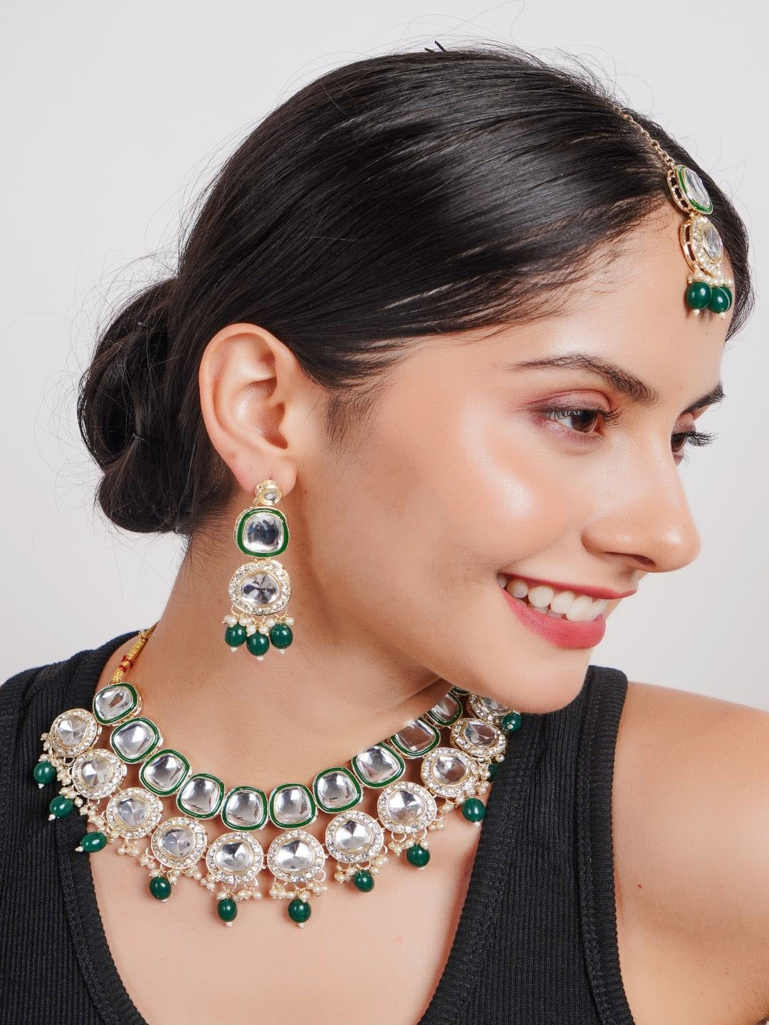 

Divisha 18 K Gold-Plated CZ-Studded & Pearl Beaded Jewellery Set, Green