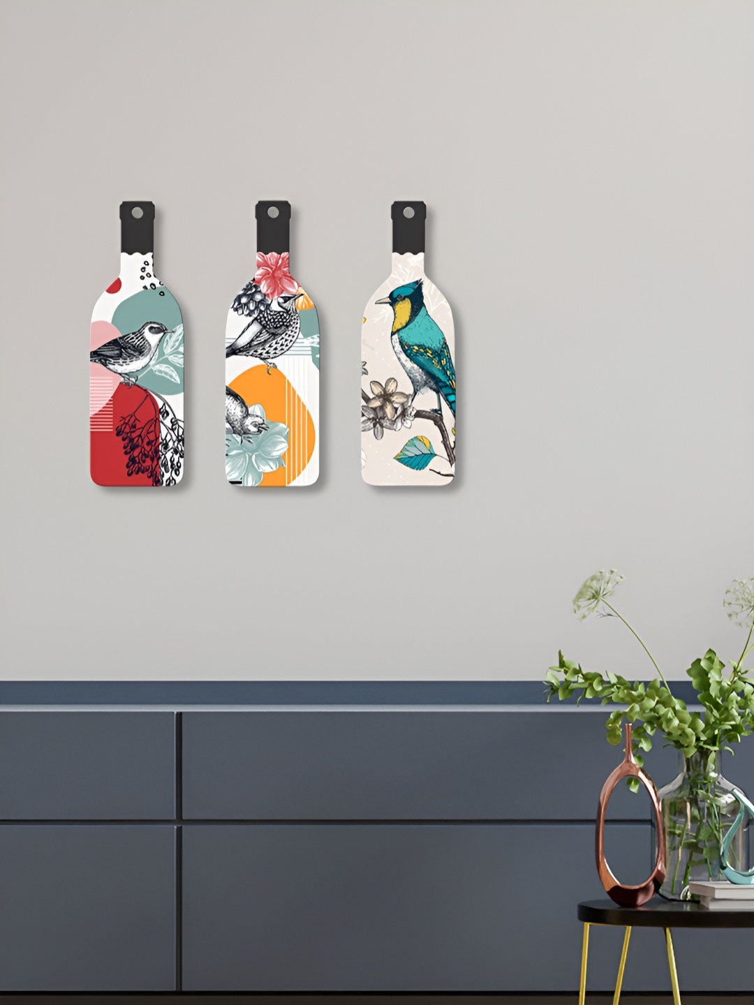 

ArtVibes 3-Pcs Red & Yellow Birds On Branch Printed Wooden Wall Hangings