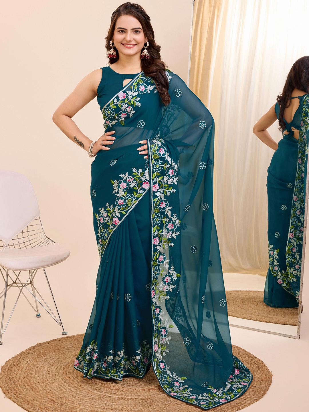 

HERE&NOW Floral Embroidered Ready to Wear Saree, Teal