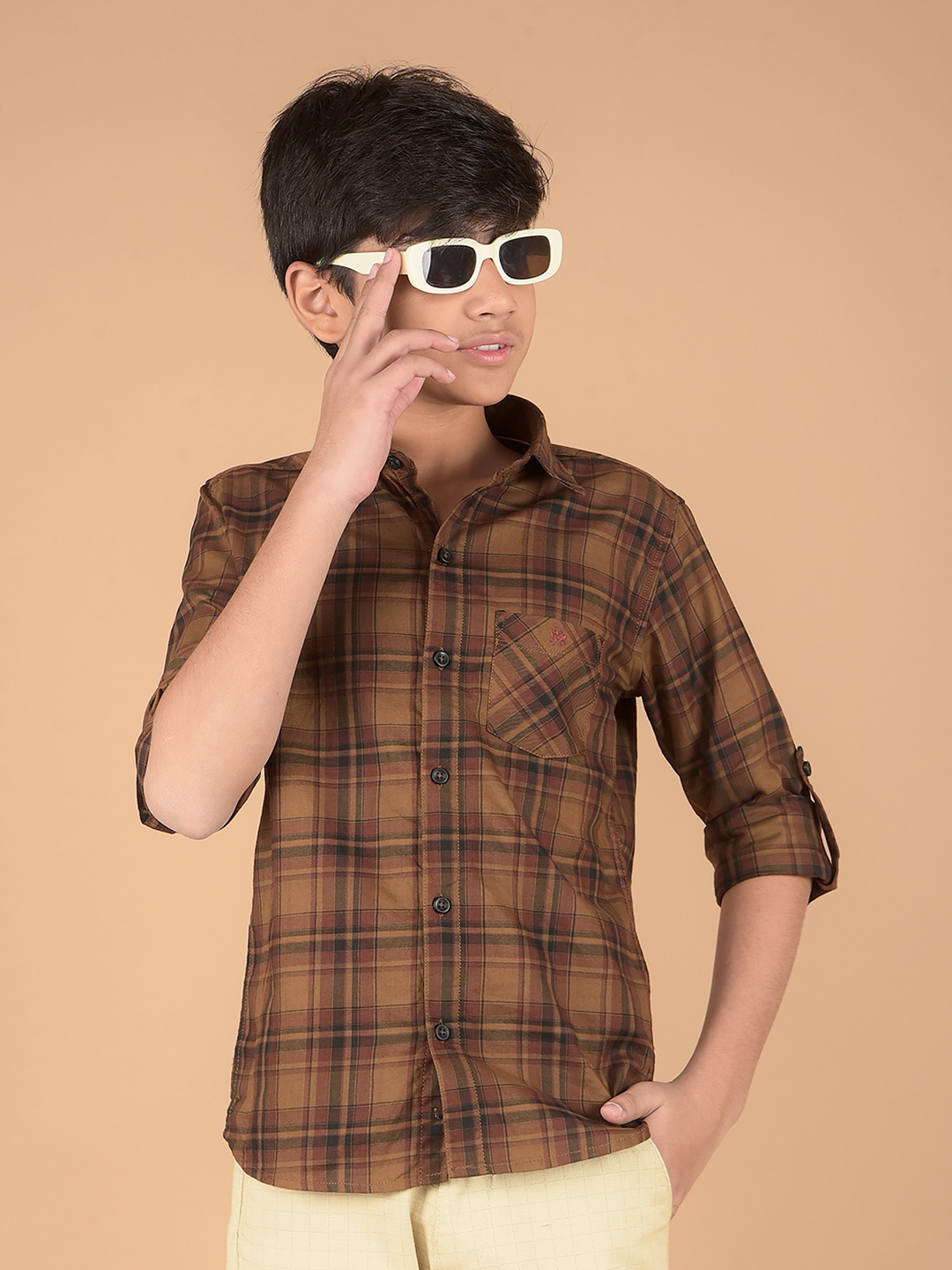 

Crimsoune Club Boys Premium Slim Fit Tartan Checks Opaque Checked Casual Shirt, Brown