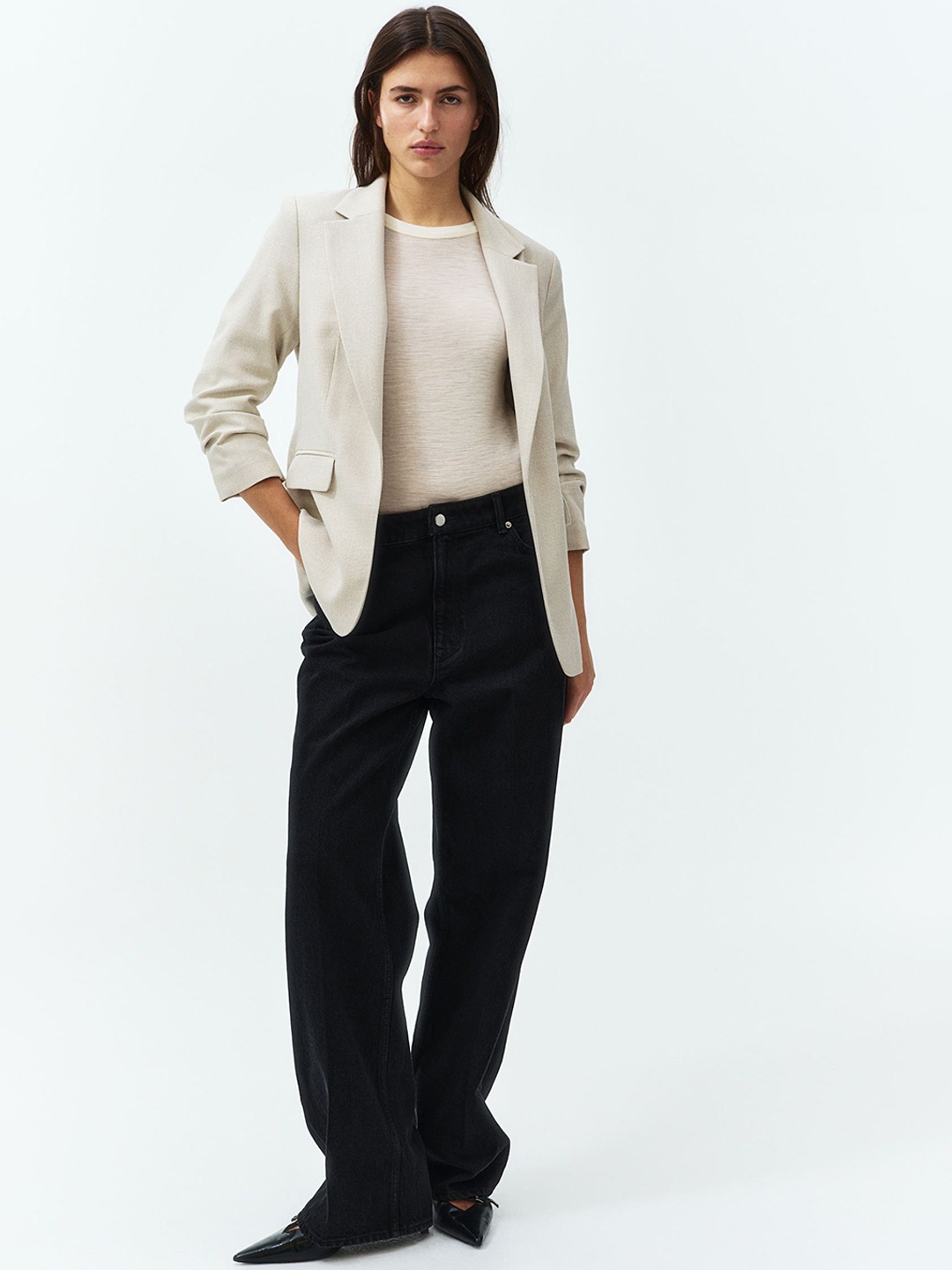 

H&M Gathered-Sleeve Blazer, Beige