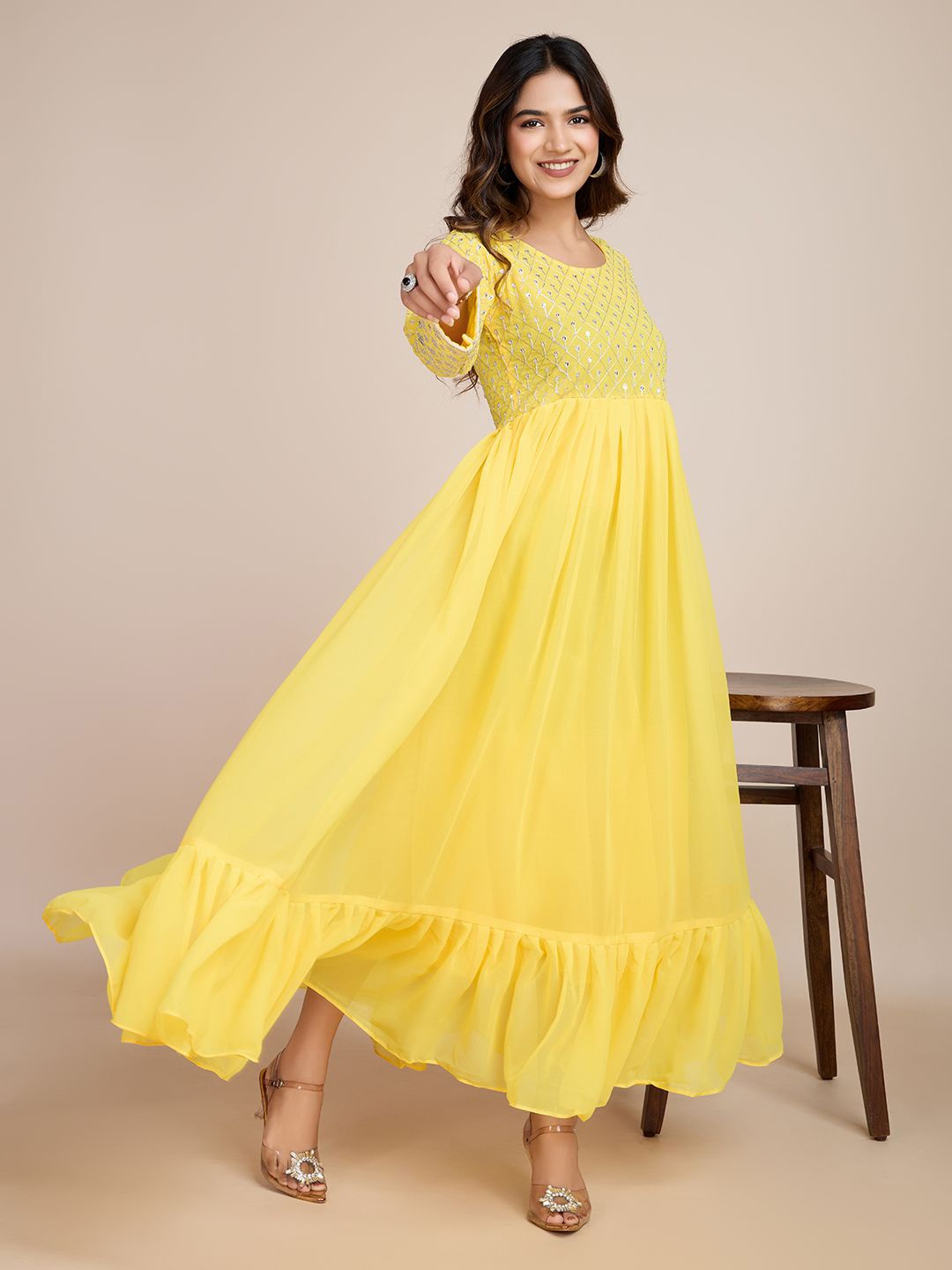 

AKSHARAM Floral Embroidered Georgette Fit & Flare Maxi Dress, Yellow