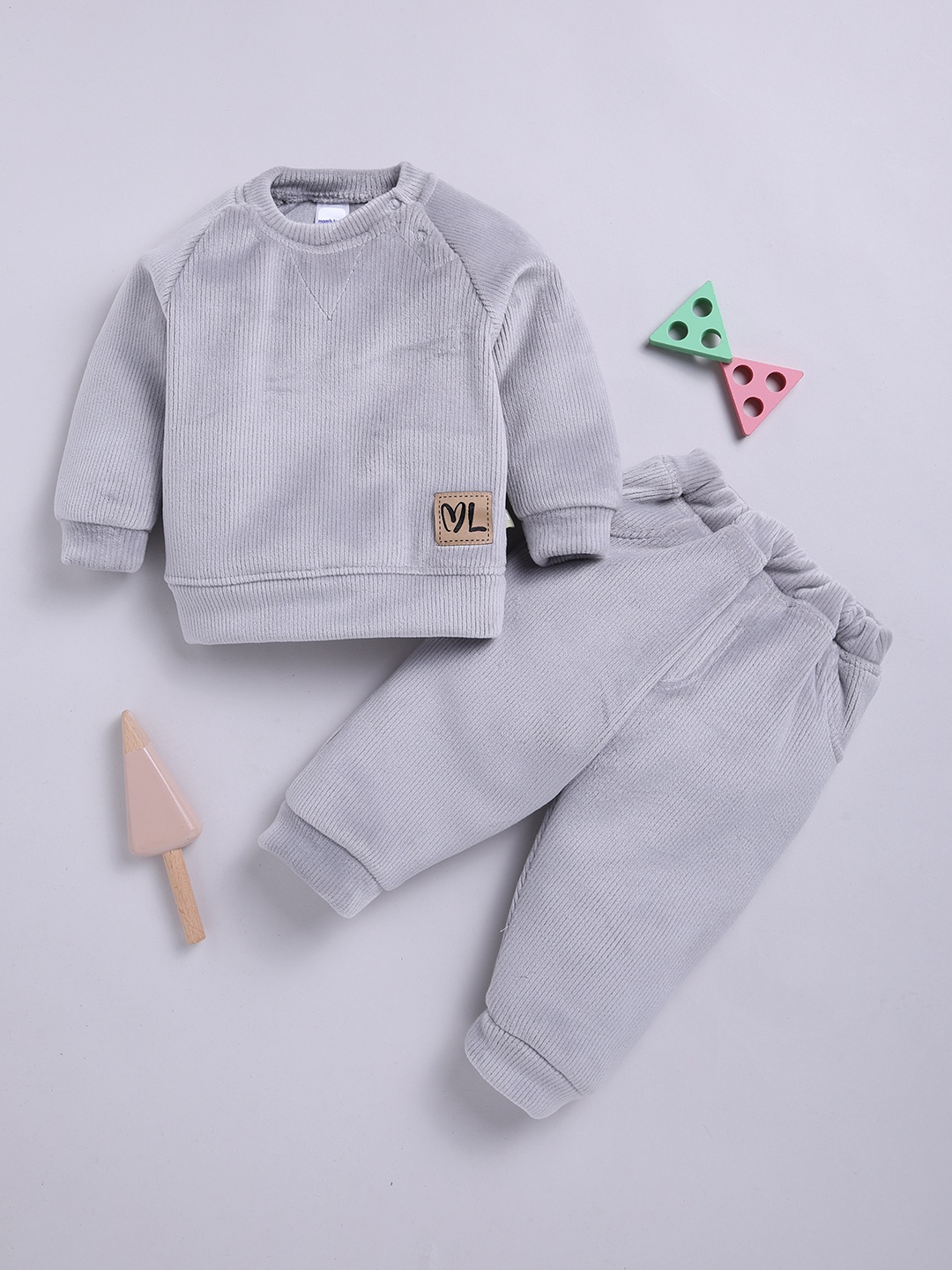 

Moms Love Infant Boys Ribbed Velvet-Finish Pure Cotton Sweatshirt With Joggers, Grey