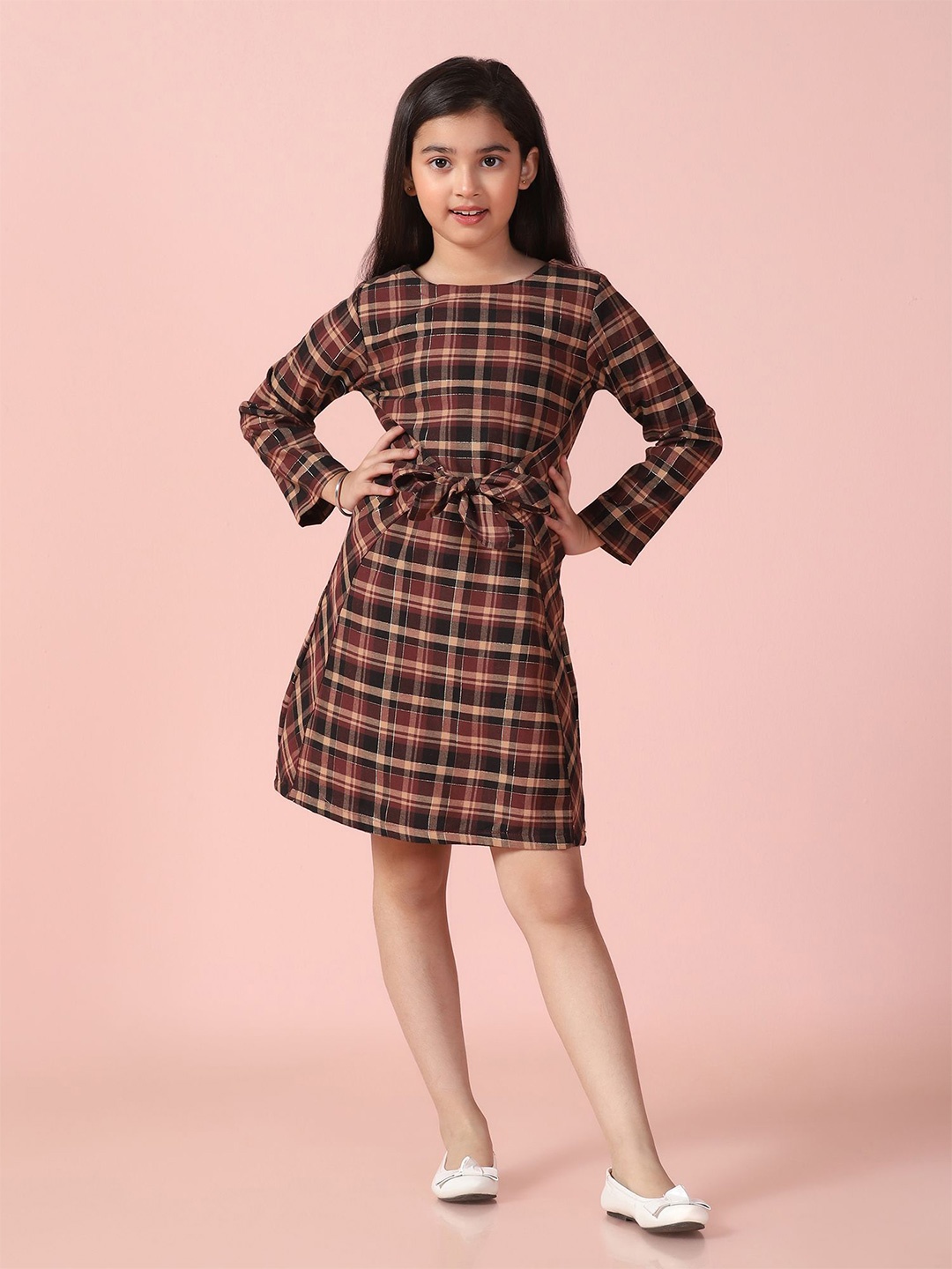 

PICCOLO Checked Bell Sleeve A-Line Dress, Orange