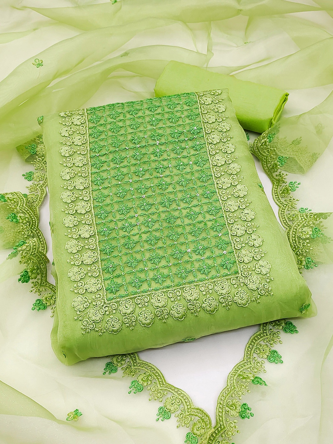 

Maroosh Embroidered Organza Unstitched Dress Material, Green