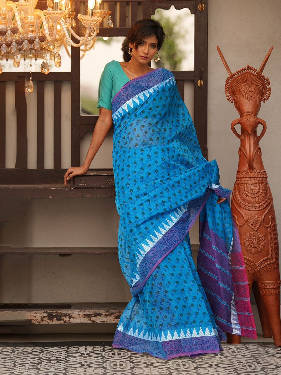 

Unnati Silks Ethnic Motifs Pure Cotton Handloom Mangalagiri Saree, Blue