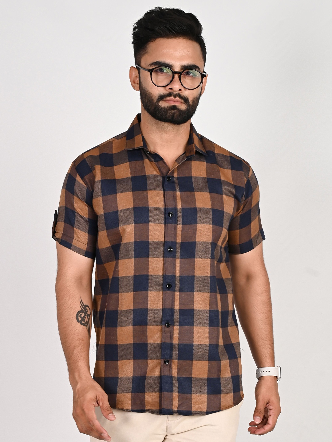 

Tanip Men Comfort Sheer Checked Casual Shirt, Brown