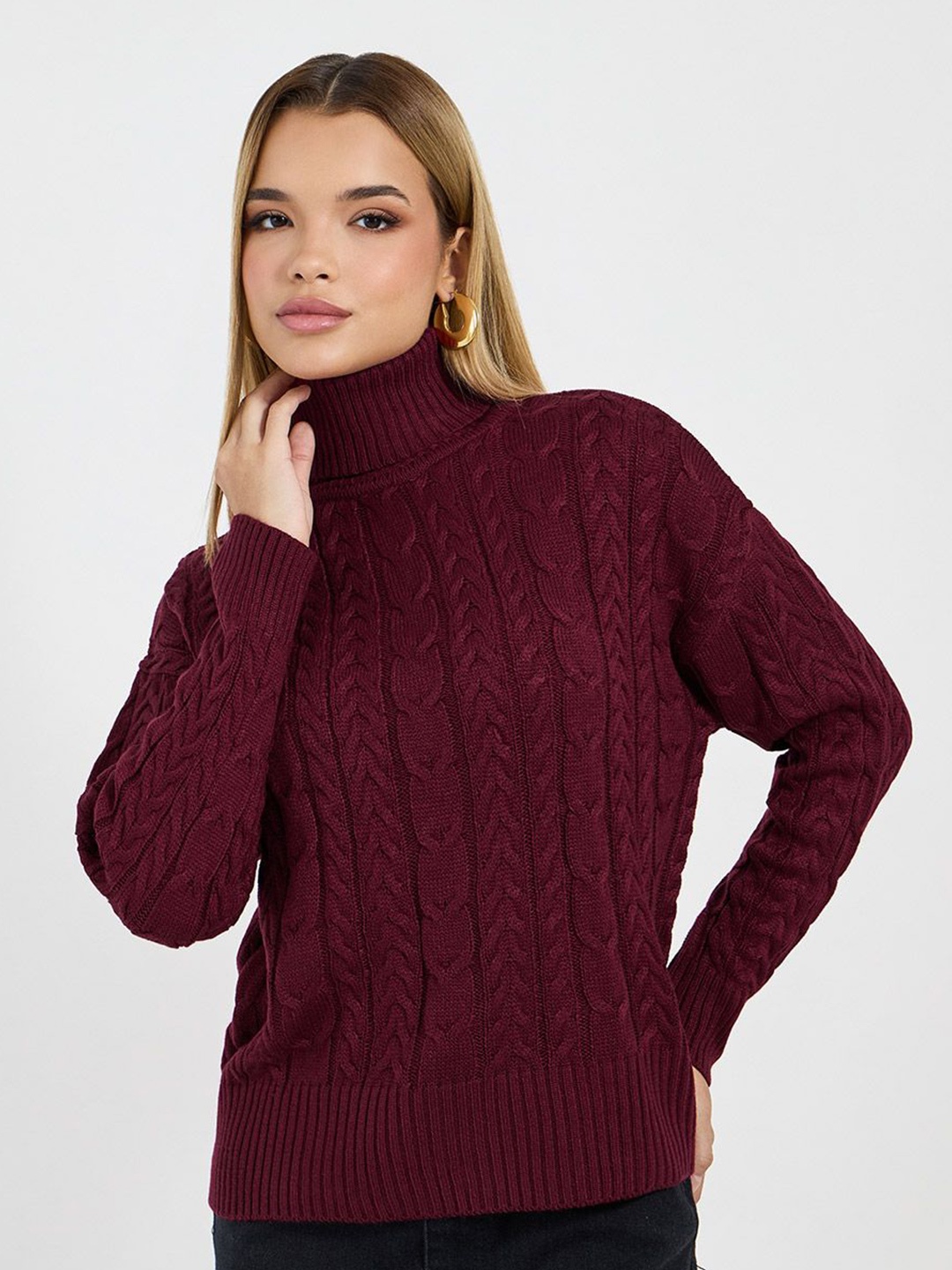 

Styli Women Turtle Neck Cable Knit Sweater, Burgundy