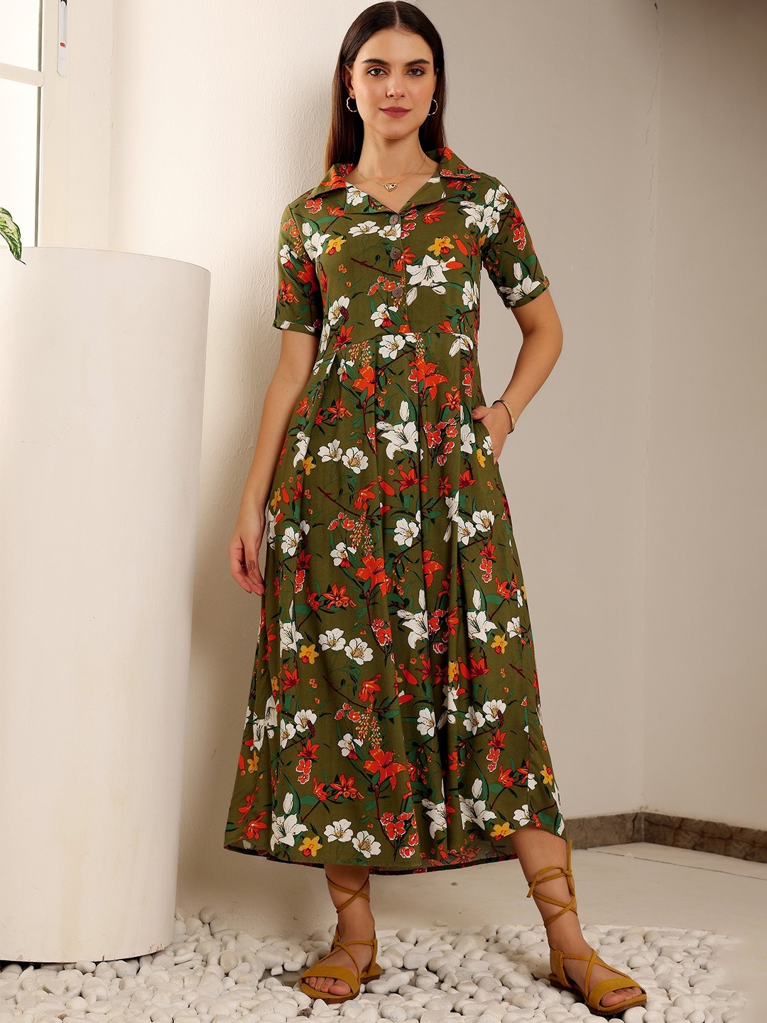 

Zuvino Floral Print Shirt Midi Dress, Olive