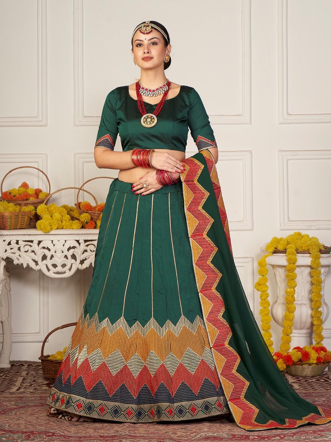 

Warthy Ent Embroidered Thread Work Semi-Stitched Lehenga & Unstitched Blouse With Dupatta, Green