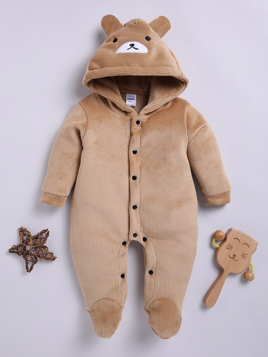 

Moms Love Infant Boys Pure Cotton Velvet Finish Ribbed Hooded Sleepsuit, Beige