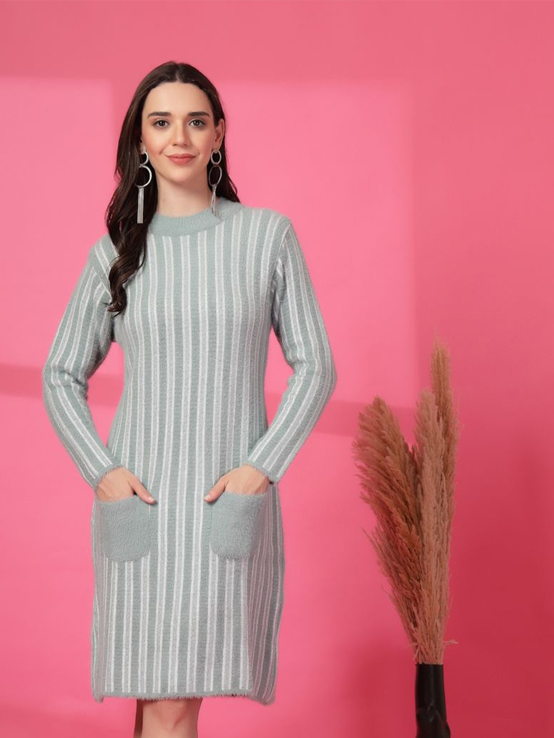 

Clora Creation Striped Woollen Dress, Green