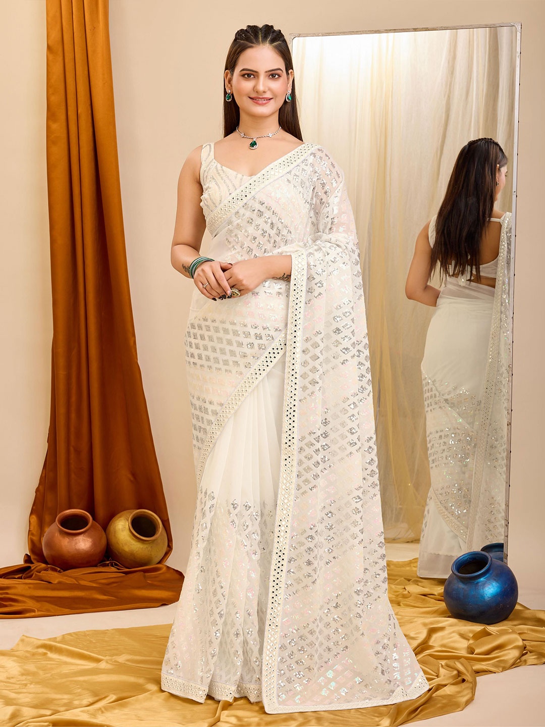 

HERE&NOW Embellished Sequinned Ready to Wear Saree, White