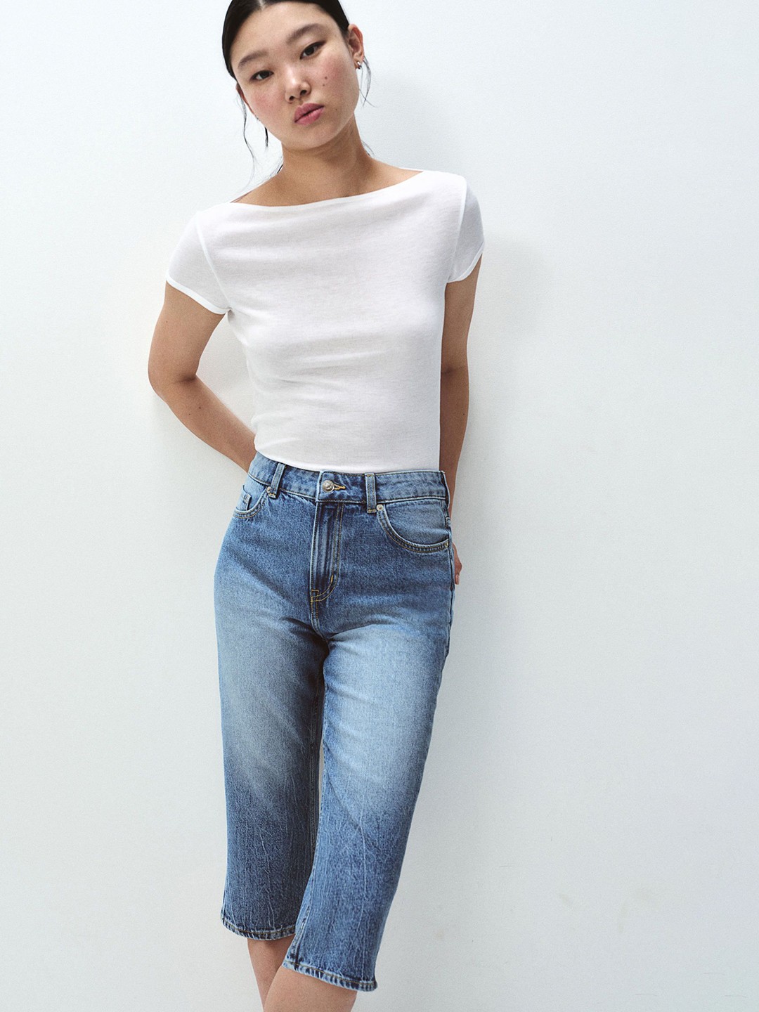 

H&M Slim Straight High Capri Jeans, Blue