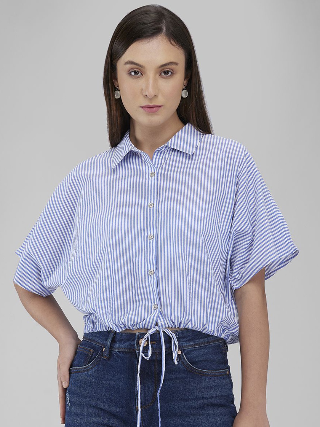 

IZEL Women Pinstripes Striped Cotton Casual Shirt, Blue