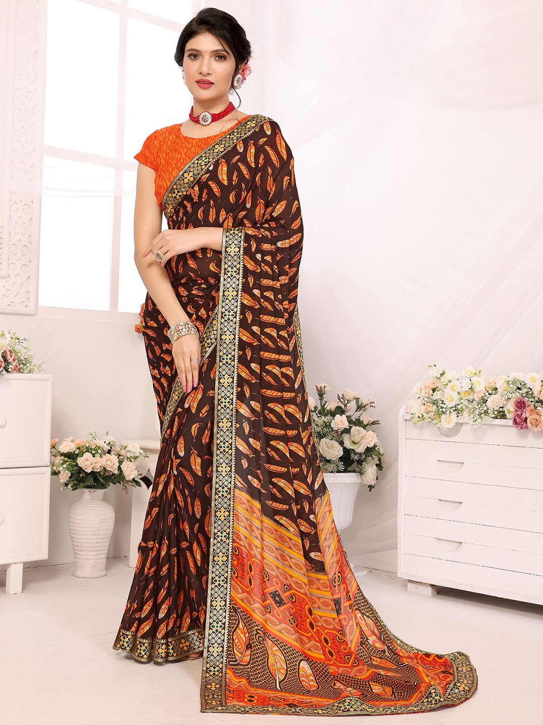 

KALINI Floral Poly Georgette Saree, Orange
