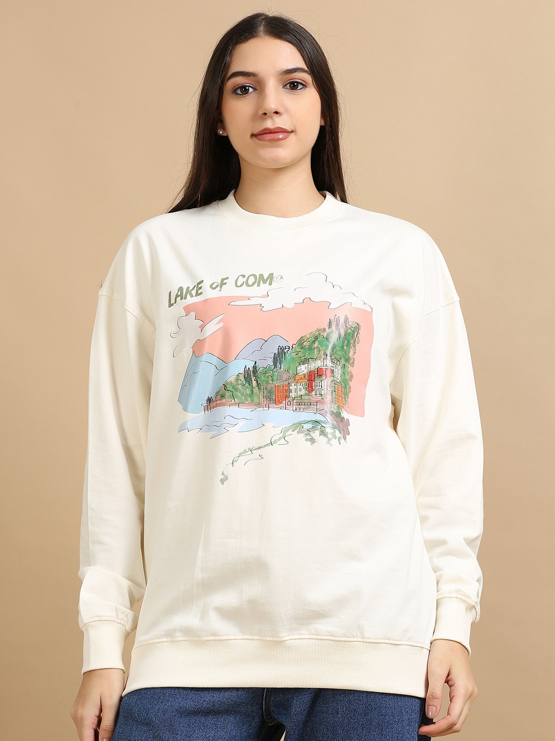 

SILISOUL Women Printed Sweatshirt, Off white