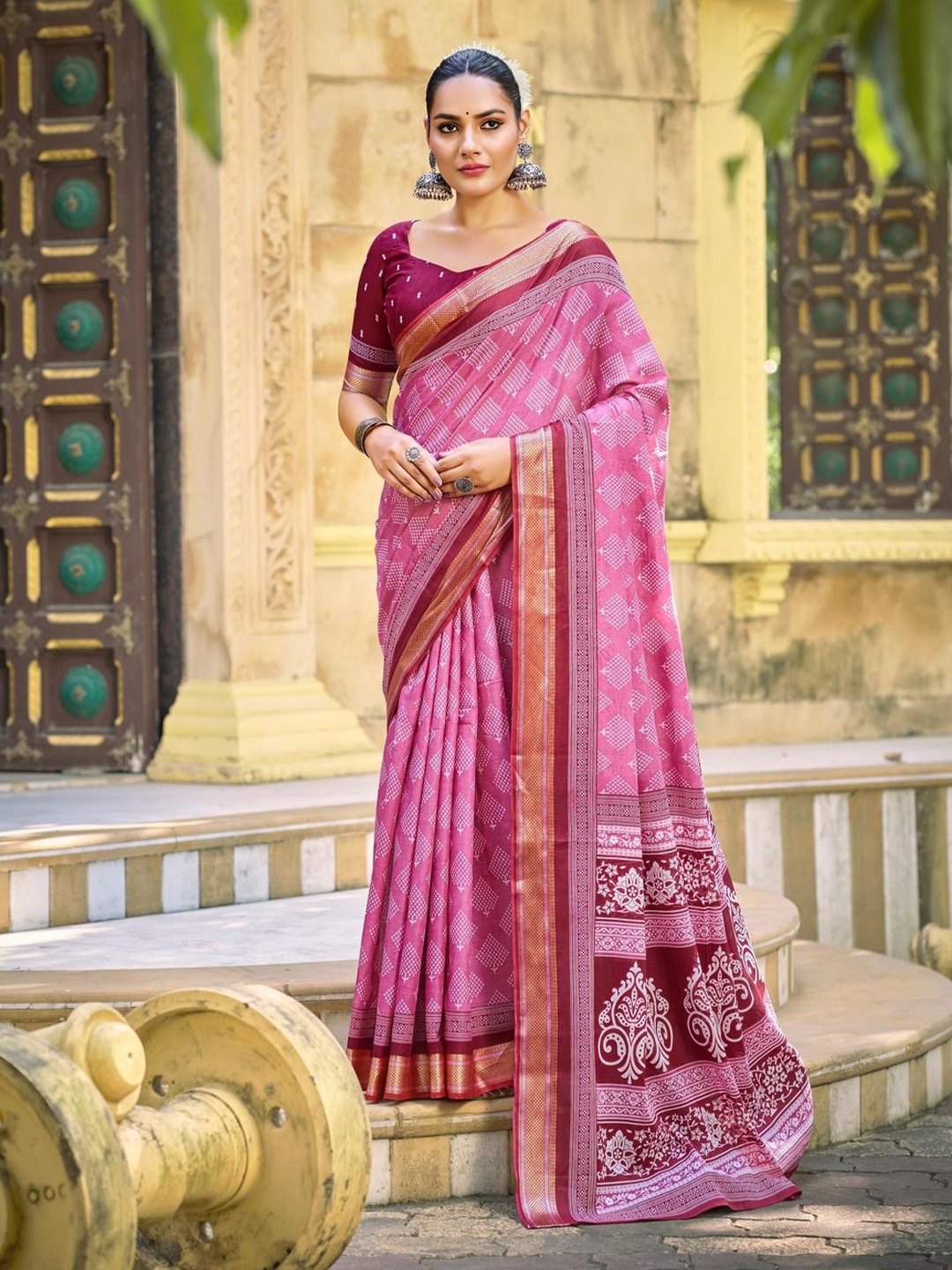 

Anouk Ajrak Block Pure Cotton Block Print Saree, Pink