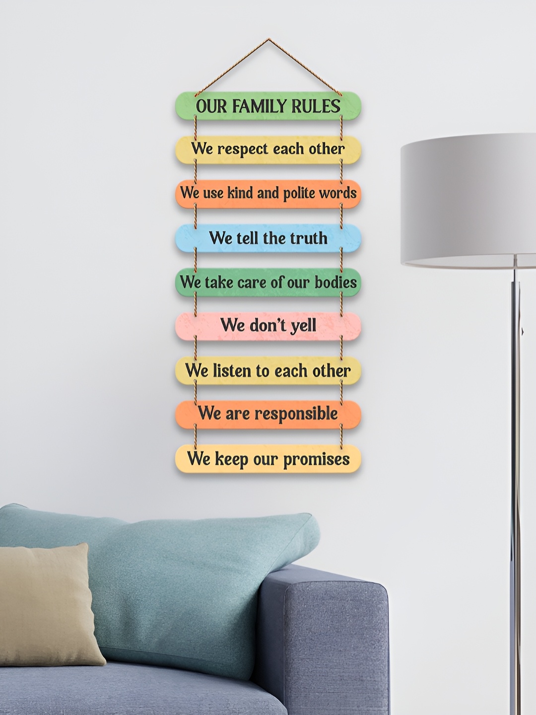 

ArtVibes Green & Blue Printed Our Family Rules Wall Hanging