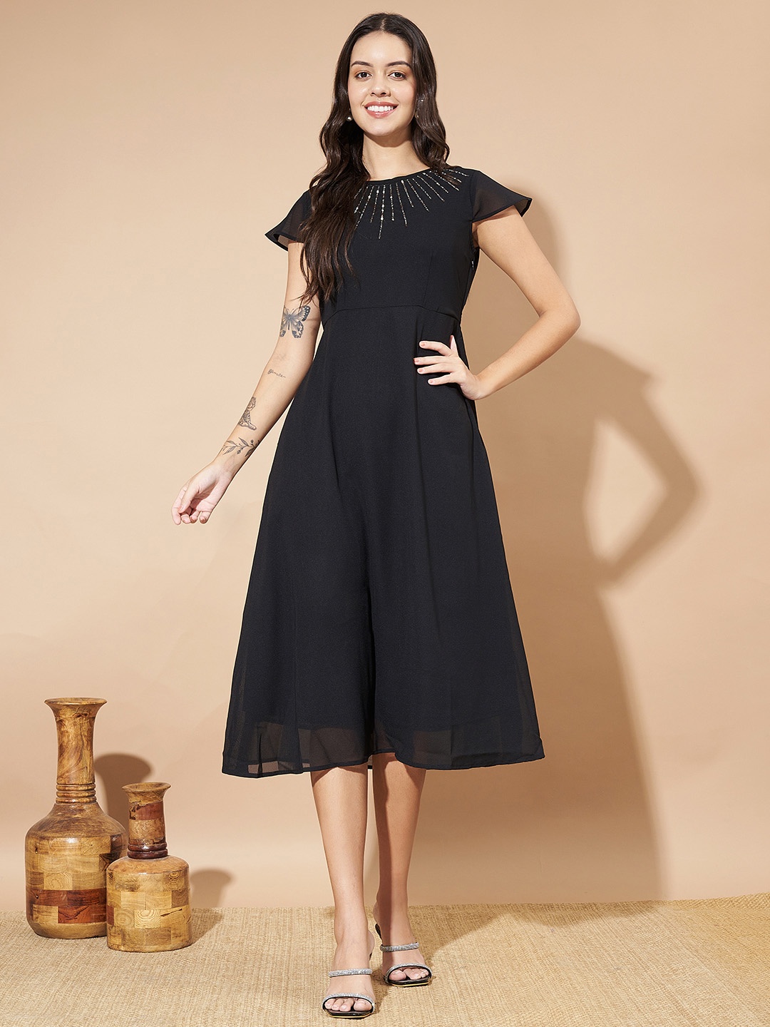 

Slenor Embellished Georgette A-Line Midi Dress, Black
