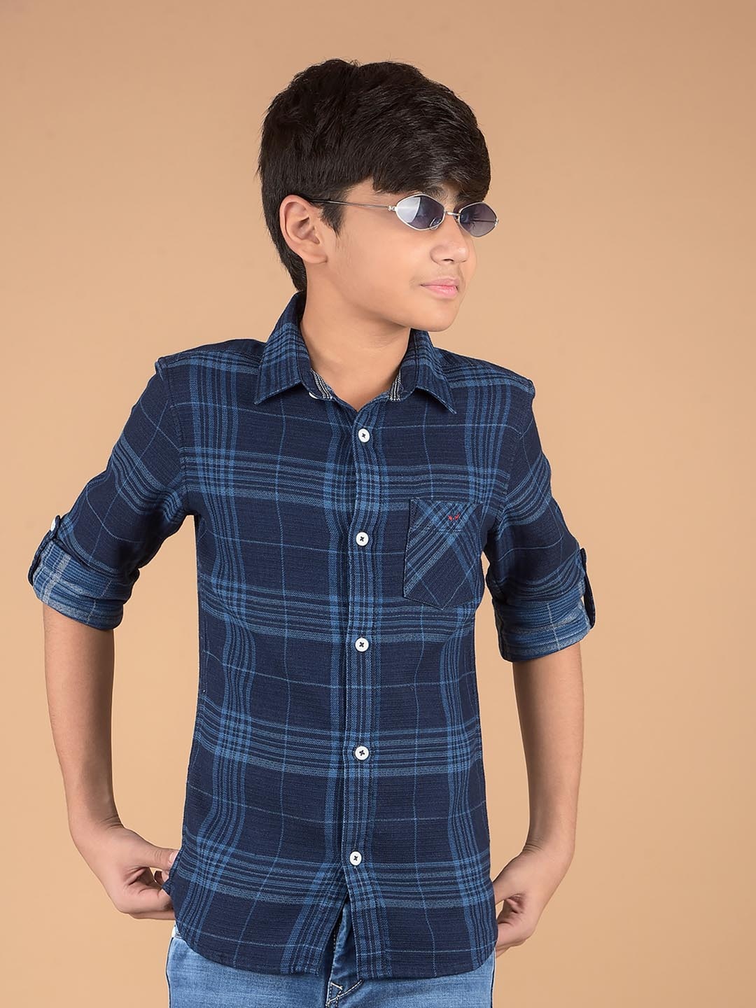 

Crimsoune Club Boys Premium Slim Fit Opaque Checked Casual Shirt, Navy blue